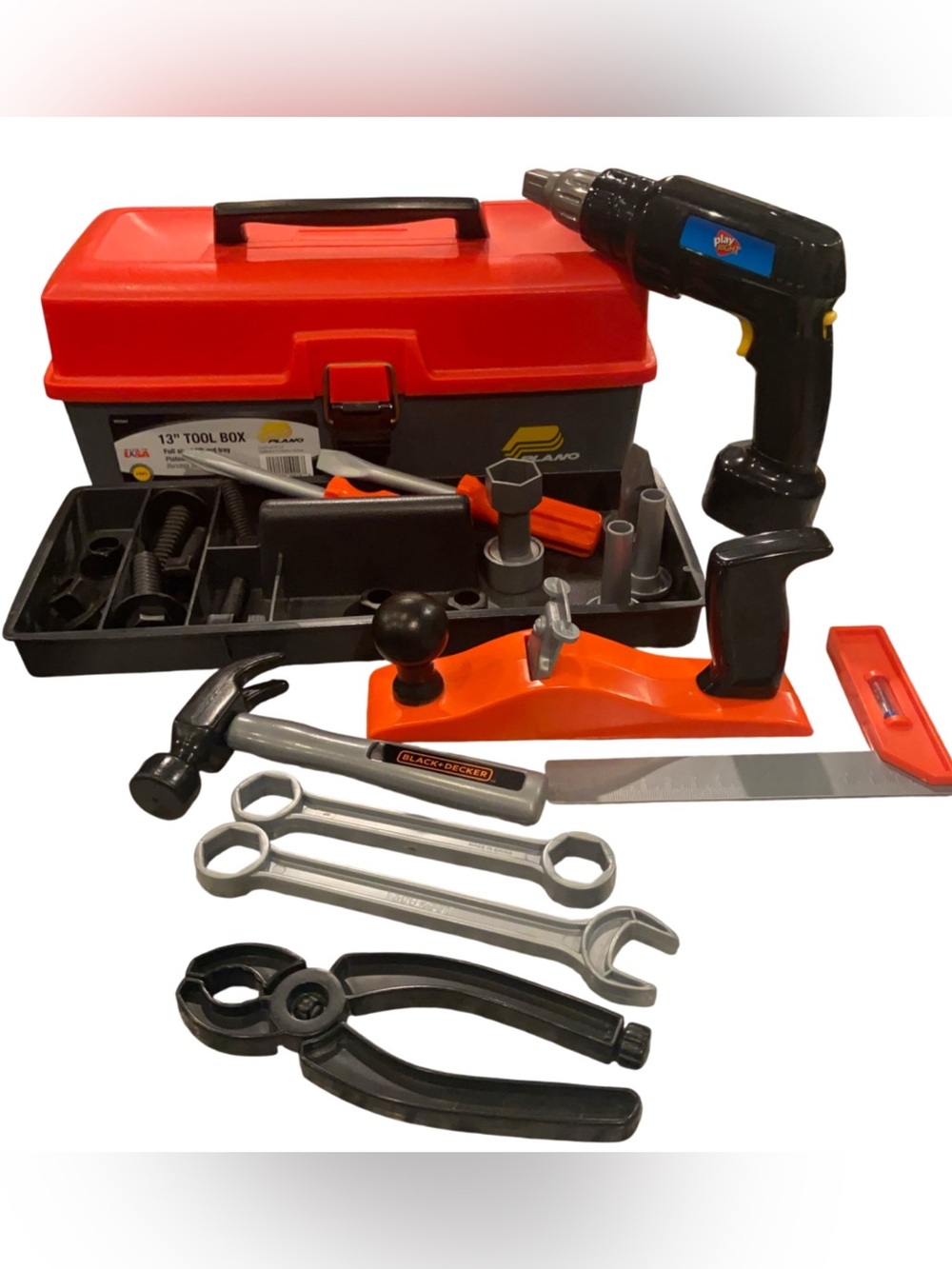 Kids Tools Set Lot -Tool Box Hammer Drill Wood Shaver Wrench Screws Level